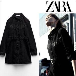 Zara Women's Black Denim Coat with Fringe Detail